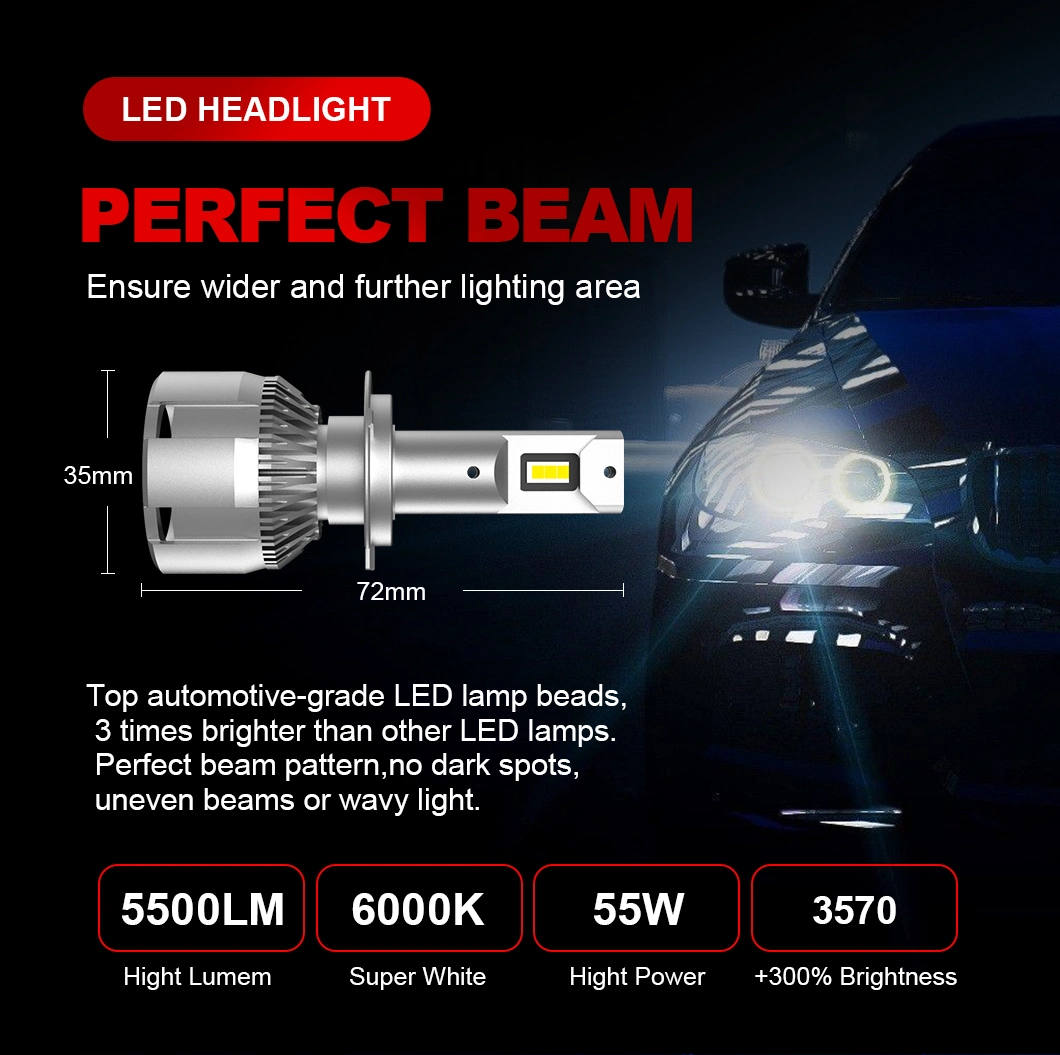 55W 6000K White Canbus 12V Auto Headlamps High Lumen Car LED Headlight H4