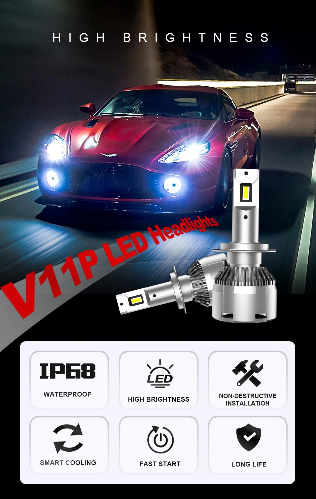 55W 6000K White Canbus 12V Auto Headlamps High Lumen Car LED Headlight H4