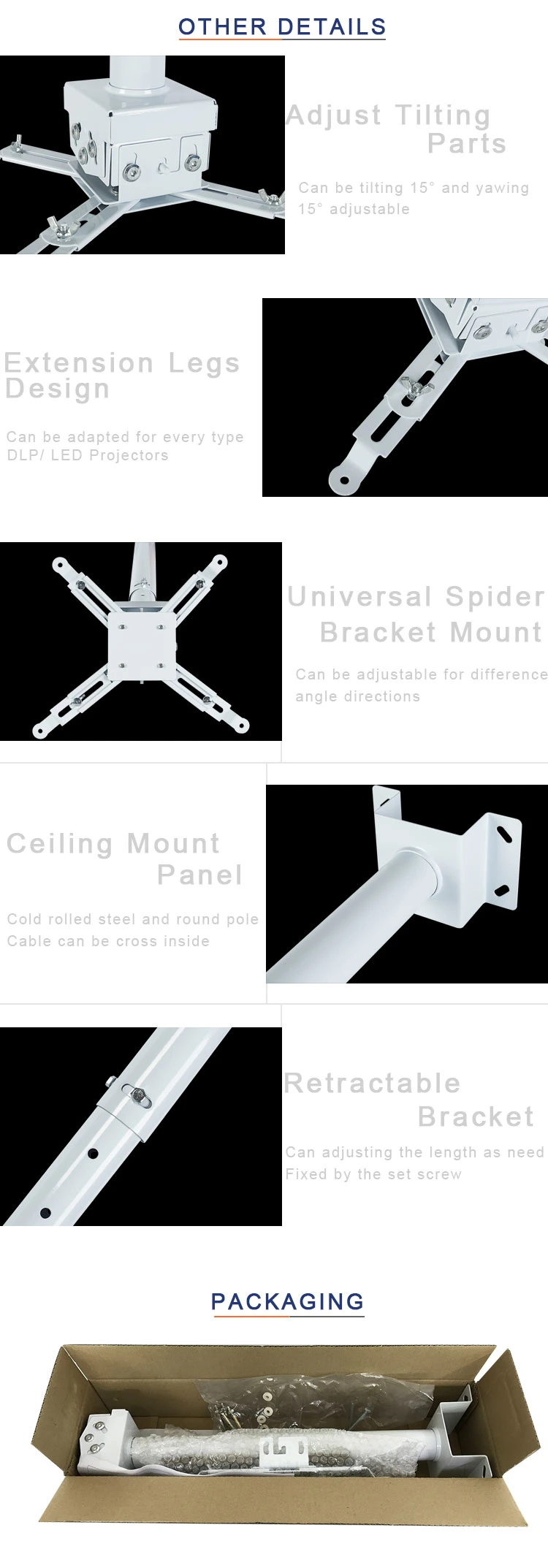 Round Shape Cable Inner Hidden 50-300cm Adjustable Projector Ceiling Mount Bracket with Universal Kits