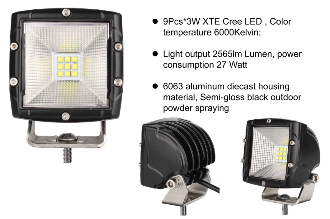 High Lumen 27W 3inch Flood CREE Square LED Working Lamp for Car Offroad 4X4 Forklift Truck